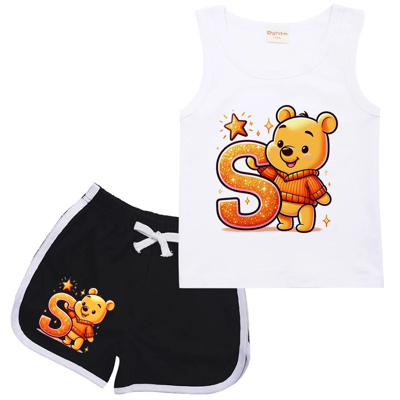 

Sets for Children Winnie The Pooh A B C D Letters Disney Suit Kids Vest & Shorts Cartoons Casual Clothes Sleeveless Girl Boy