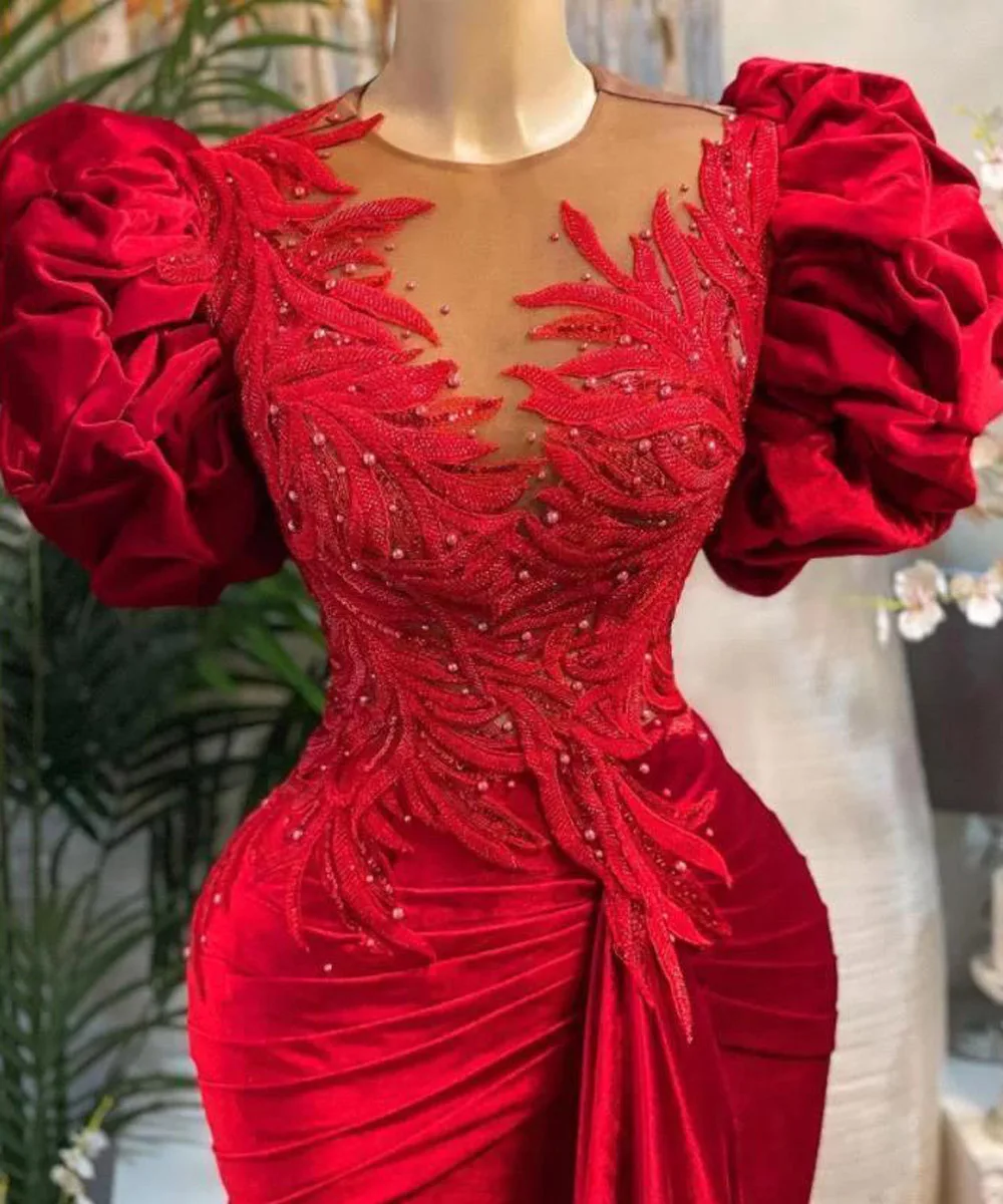 African Red Velvet Evening Dresses Women Ruby Pleat Mermaid Pearls Appliques Beading Formal Party Prom Gowns Vestidos De Fiesta