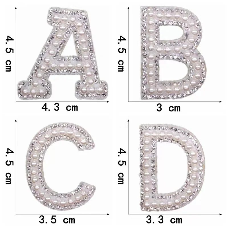 A-Z Pearl Diamond Inglês Letter Stickers, Prata Personalização DIY Nome Patch para Saco e Vestuário, 4,5 centímetros