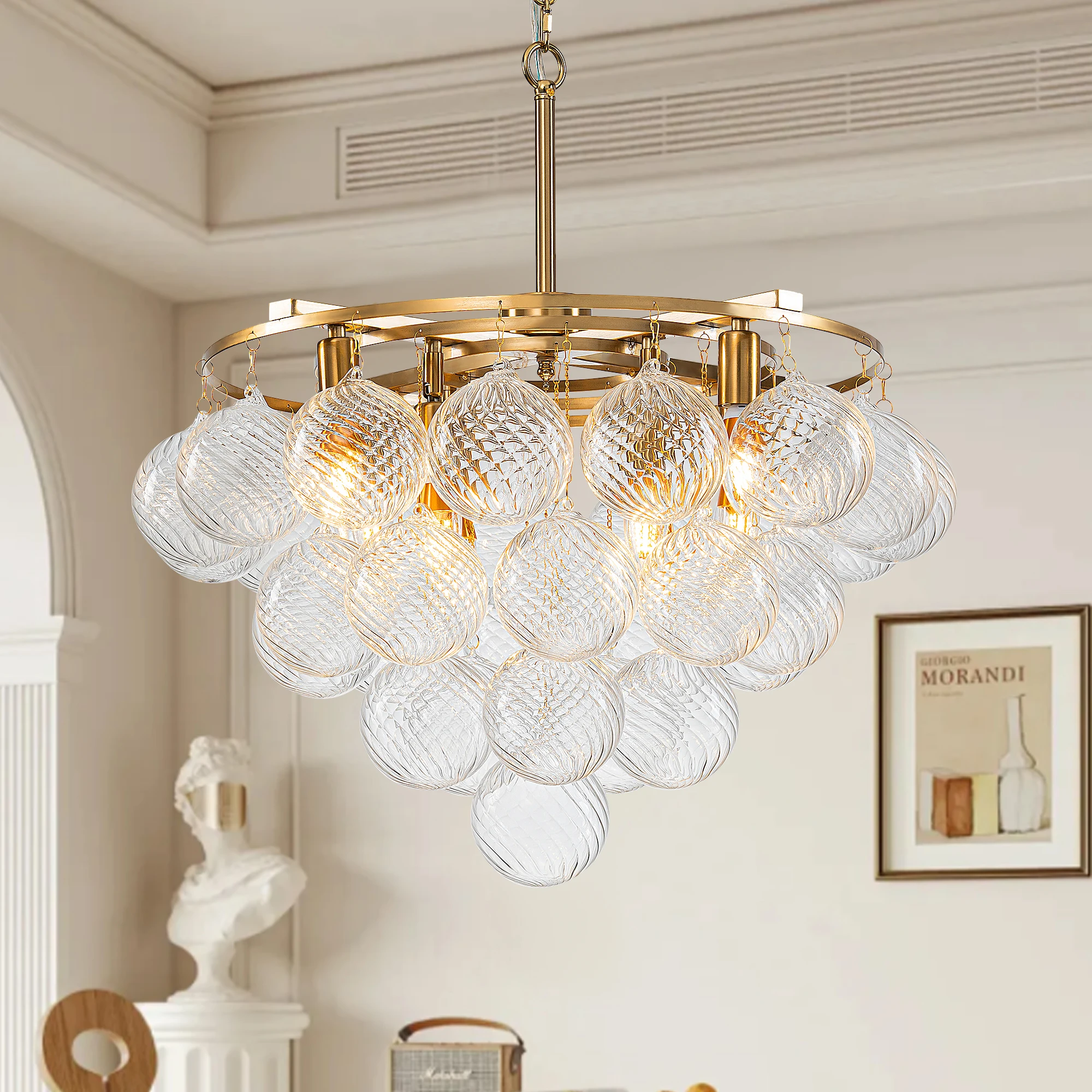 LONGREE Tiered Gold Finish Chandeliers Handmade Textured Glass Balls Globe Ceiling Light Fixtures for Home