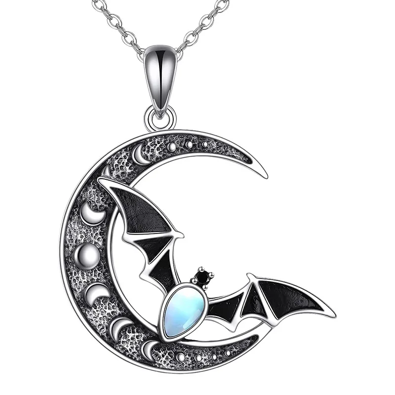 

Kitykiss Gothic Bat Moon Necklace Moonstone Pendant Dark Punk Halloween Christmas Jewelry Gift