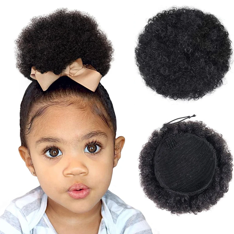 Kids Hair Puff Natural Black Human Hair Afro Puff Drawstring Ponytail for Girls Black Women 4-calowe perwersyjne kręcone włosy Updo Chigno