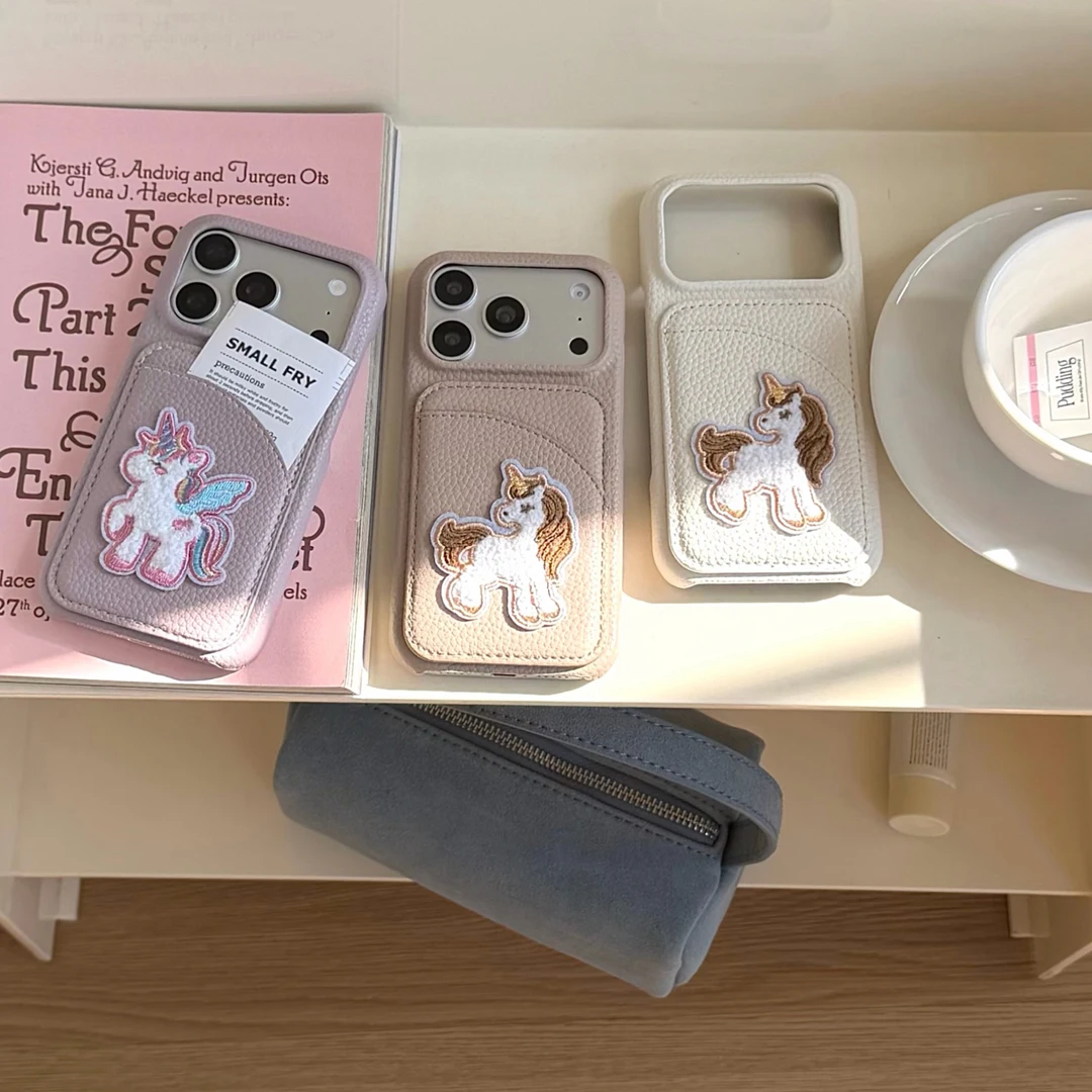 

Fashion Lovely Cute Embroidered Pony Card Slot Wallet Leather Case For iPhone 17 Air 12 13 14 15 16 11 Pro Max Plus Phone Cover