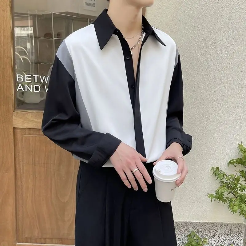 Casual Patchwork Fashion Temperament Simplicity Korean Spring Summer Office Lady Button Turn-down Collar Shirts Men\'s Clothing