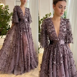 Customized Tulle Flower Sequined Beading Ruched Quinceanera A-line V-neck Bespoke Occasion Gown Long Dresses