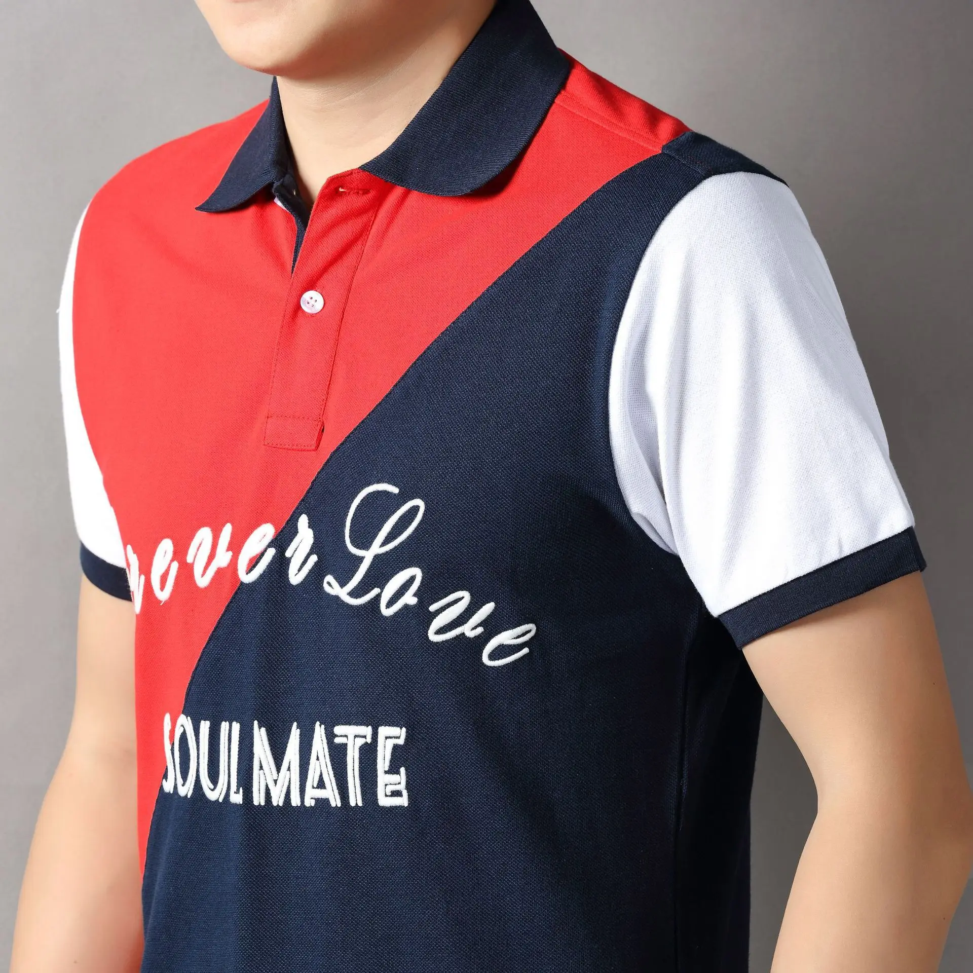 Men's Polo Shirt European and American Popular Soulmate Short Sleeved Cotton Diagonal Splicing Color Blocking Basic Tee Shirt