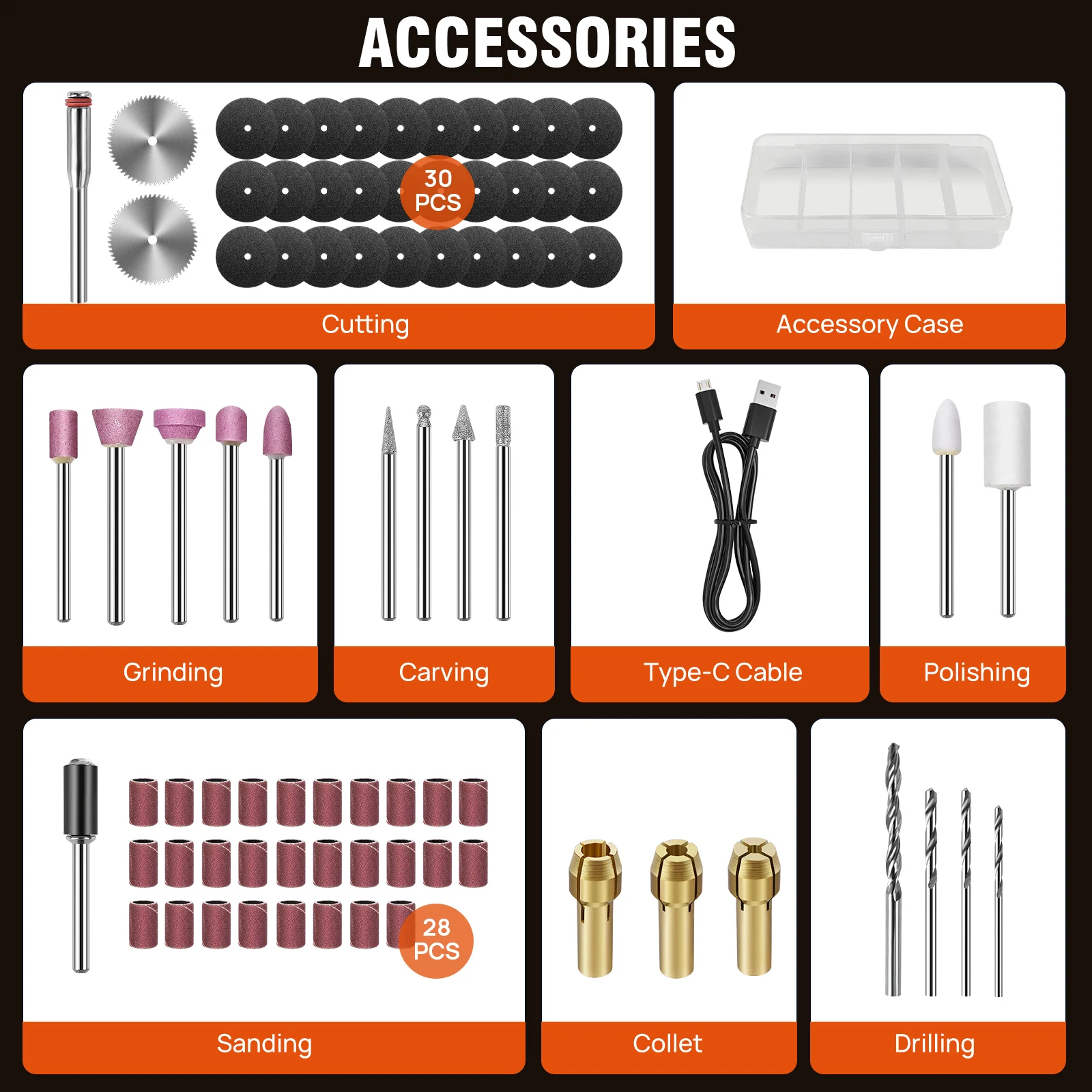 Картина 3: Мини-аккумуляторный вращающийся инструмент DayPlus, 1,5 Ач, 5 скоростей, 3000–18000 об/мин, 80 аксессуаров, для шлифования, полировки, сверления, травления, DIY