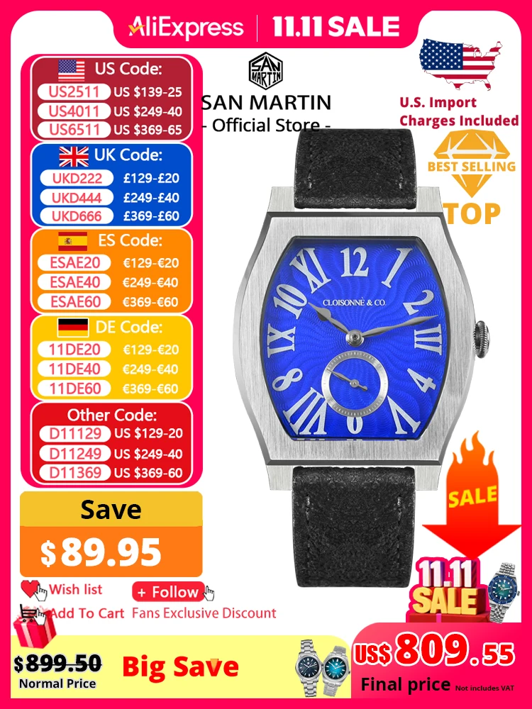 

San Martin 36mm ETA 7001 Guilloche Dial Barrel Shaped Enamel Hand Luxury Men's Mechanical Watch Manual Winding Waterproof SN0100