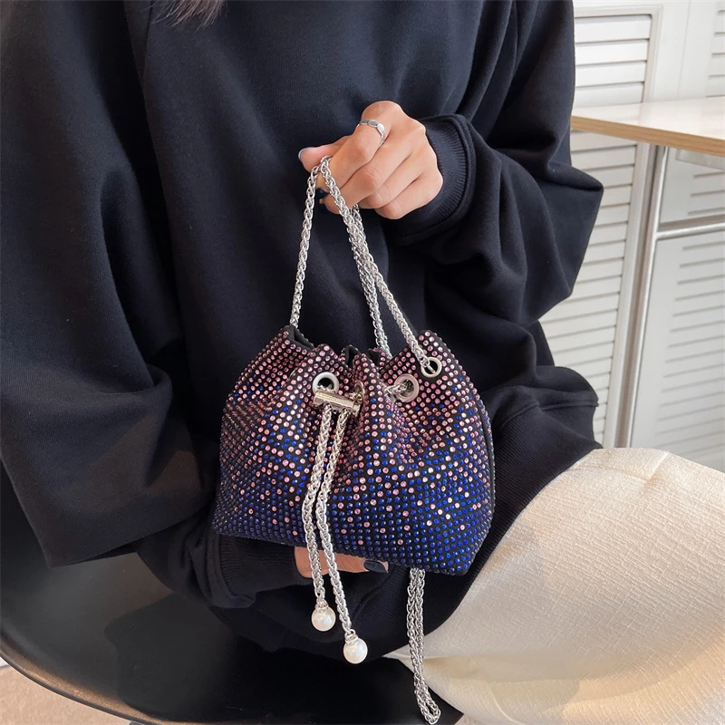 Women Fashion Drawstring Bucket Shoulder Bags Luxury Rhinestone Evening Party Chain Crossbody Pouch Female Small Purse Handbags