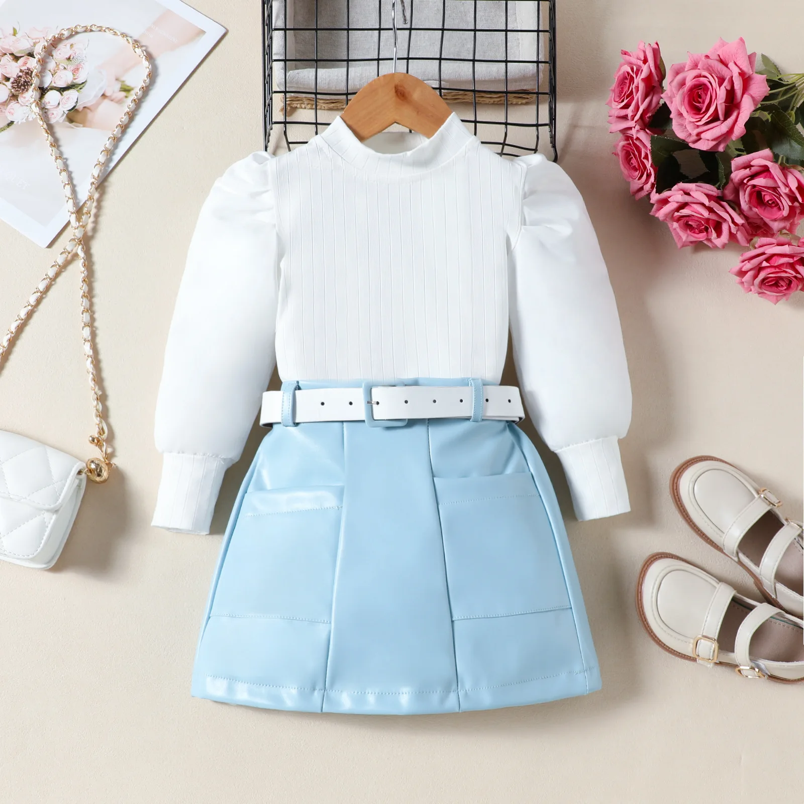 3pcs/set Children\'s Clothing for Baby Girls Fashion Autumn New Suit Puff Sleeve Top+PU Leather Skirt Dress+Belt Kids Clothes