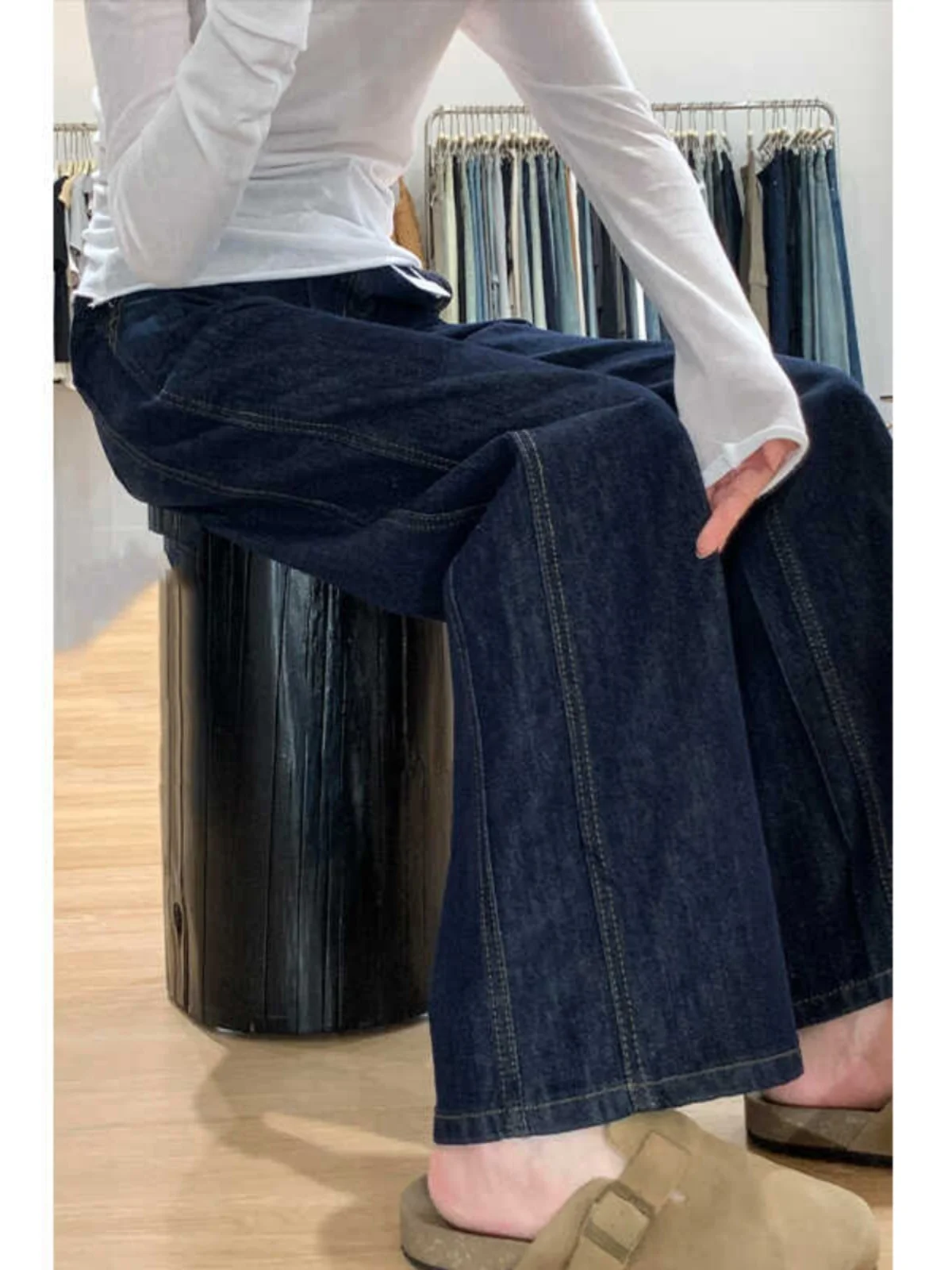 بالإضافة إلى حجم الجينز الأزرق العميق واسعة الساق المرأة عالية الخصر مستقيم فضفاض المناسب الكمثرى القرد الجسم التخسيس بنطلون الخريف جديد Arr... #1