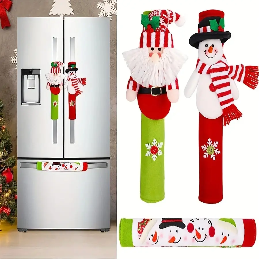 

3-Piece European-Style Christmas Handle Covers - Snowman/Santa Design for Microwave/Refrigerator/Oven