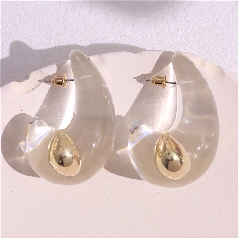 HangZhi New Design Transparent Resin Large Earrings Water Drop Metal Copper Ball Pearl Elegant Vintage Jewelry for Women