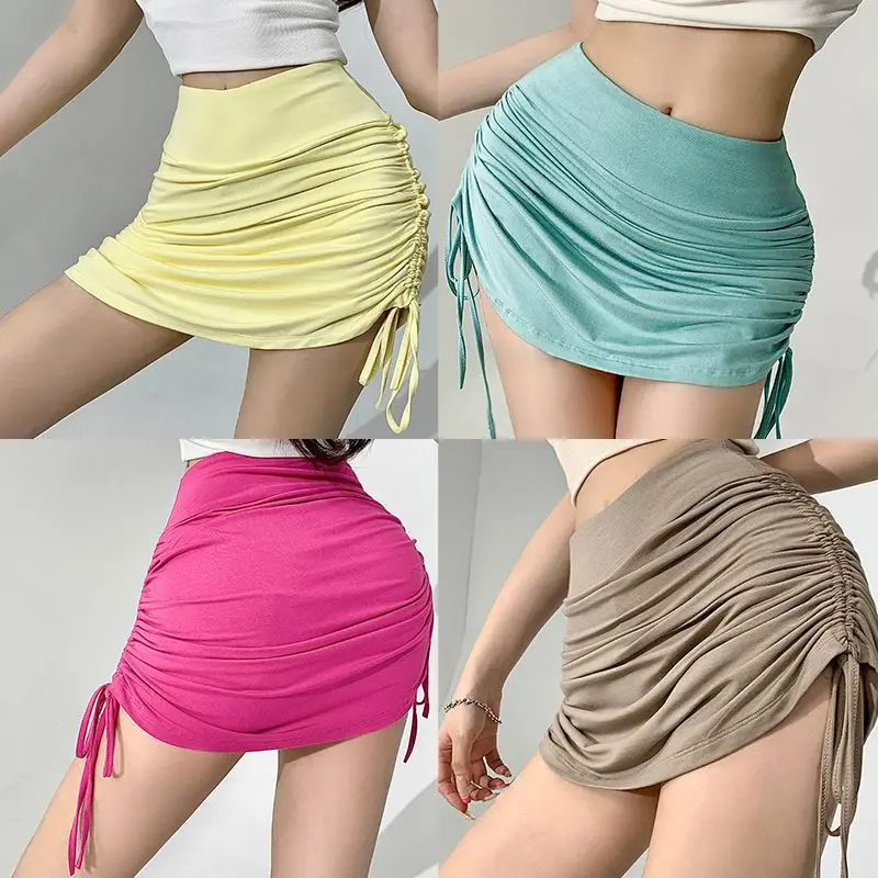 Solid Color Hot Girl Sexy Hip-covering Drawstring Pleated Short Skirt Female Tight Slimming Skirt Korean Fashion Clothing