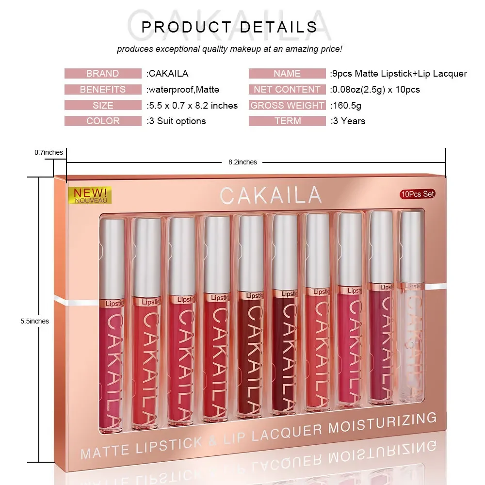 CAKAILA 10Pcs/Set Pro 24HR Weightless Colour Matte Nude Velvet Liquid Rich Matte Finish Lipstick Lipgloss  Waterproof Lip Makeup