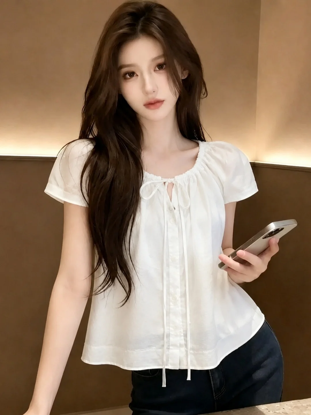 

Summer Stylish Ageless Color Versatile Short Sleeve Shirt New Gentle Style Belt Design Sense Top for Women Commute Style