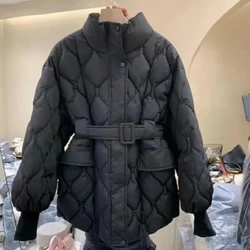 Parkas Women Belt Warm Winter Coat Short Quilted Jacket Pockets Long Sleeves Women's Clothing Cotton-padded Jacket Korean Mujer