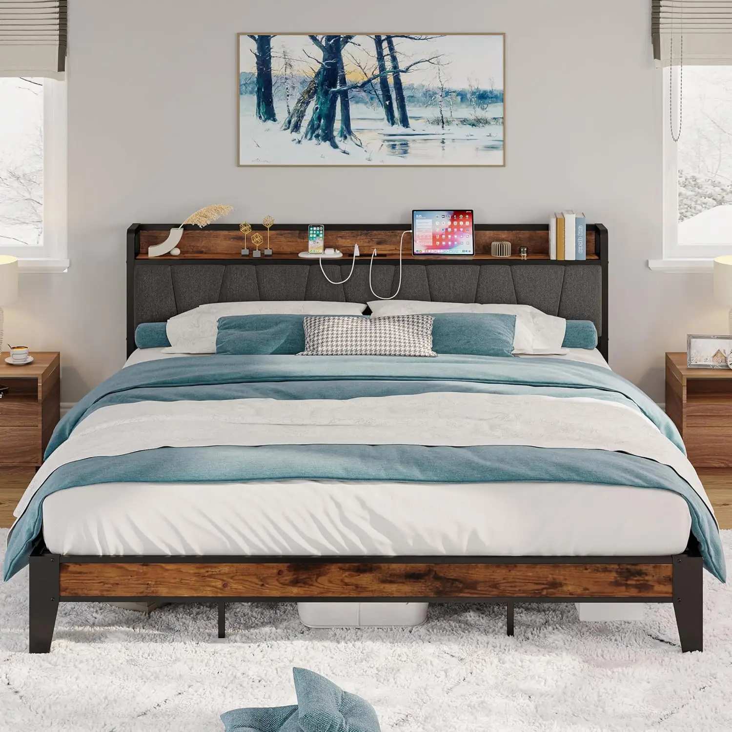 Likimio California King Bed Frames, Storage Headboard With Charging Station, Solid And Stable, Noise Free, No Box Spring