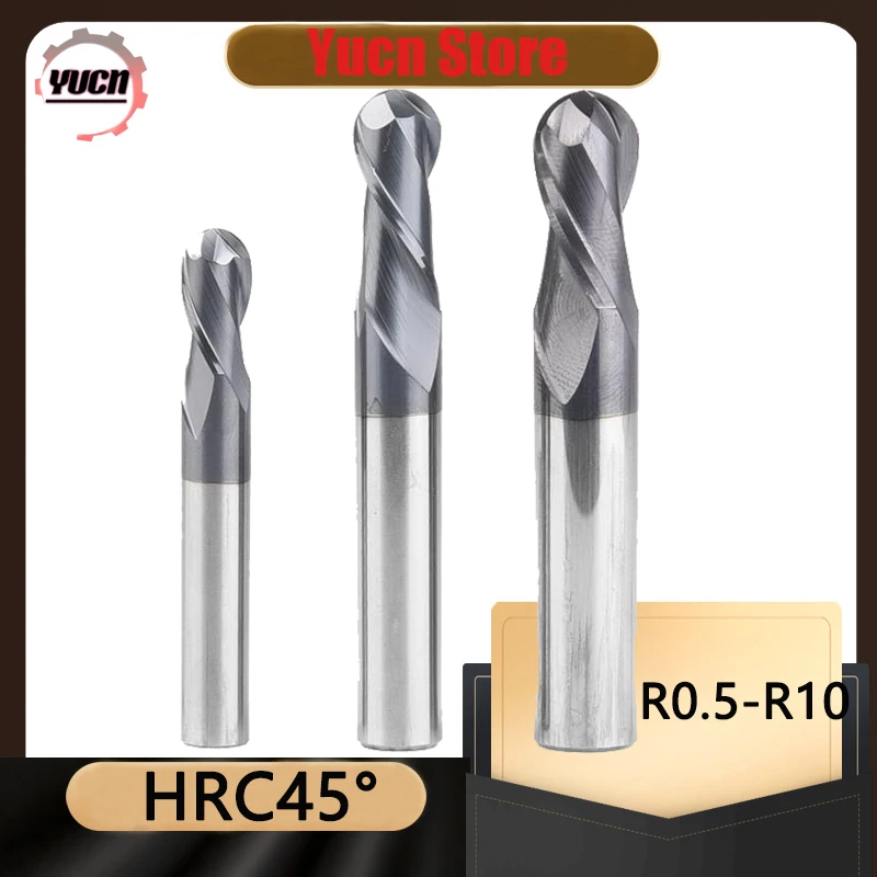 HRC45 Ball Nose End Mill 2 Flute Tungsten Carbide Cutter CNC Bit R0.5 R0.75 R1 R1.25 R1.5 R1.75 R2 R3 R4 R5 R6 R7 R8 R9 R10