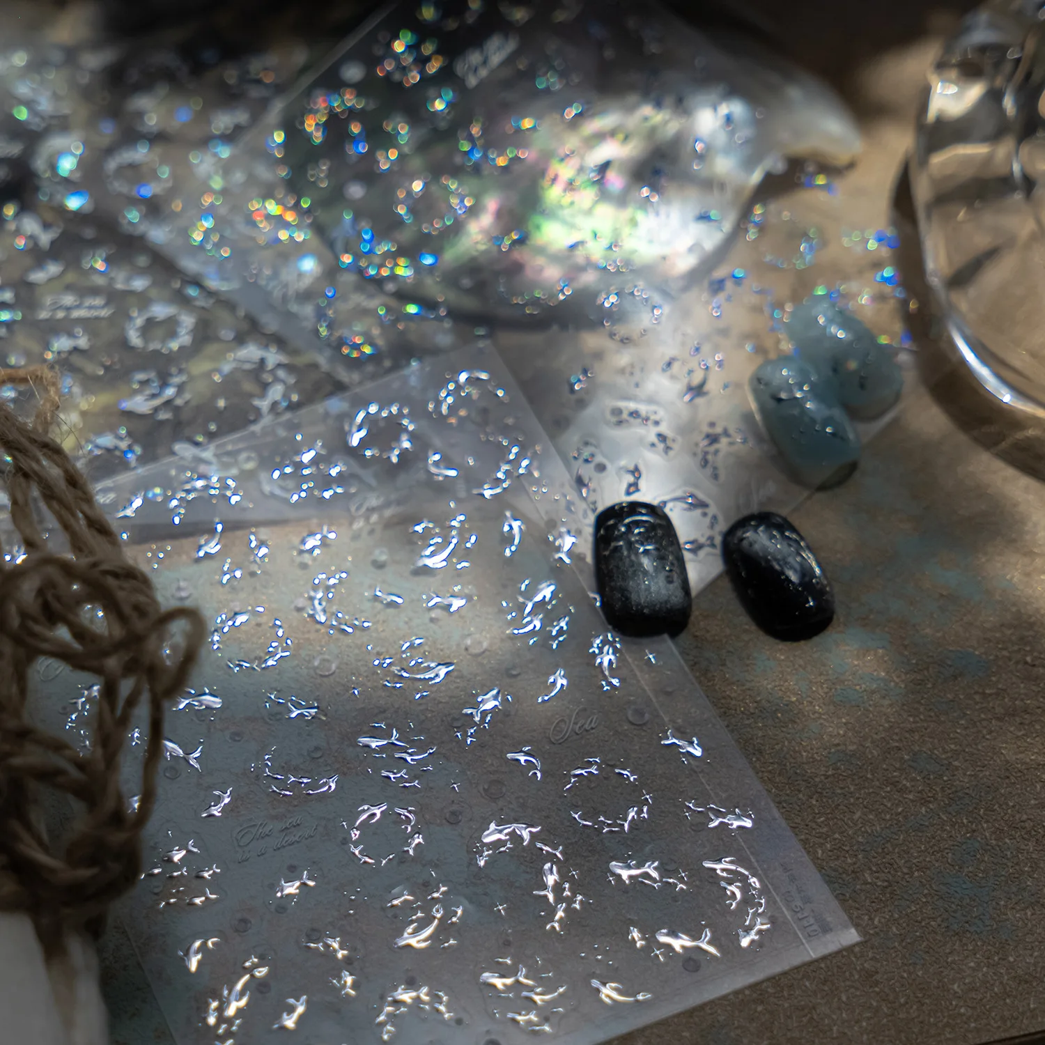 Laser Silber Sternen Meer Delfine Nail art Aufkleber 5D Metall Shell Licht Kleber Nagel Dekorationen Aufkleber DIY Maniküre Aufkleber