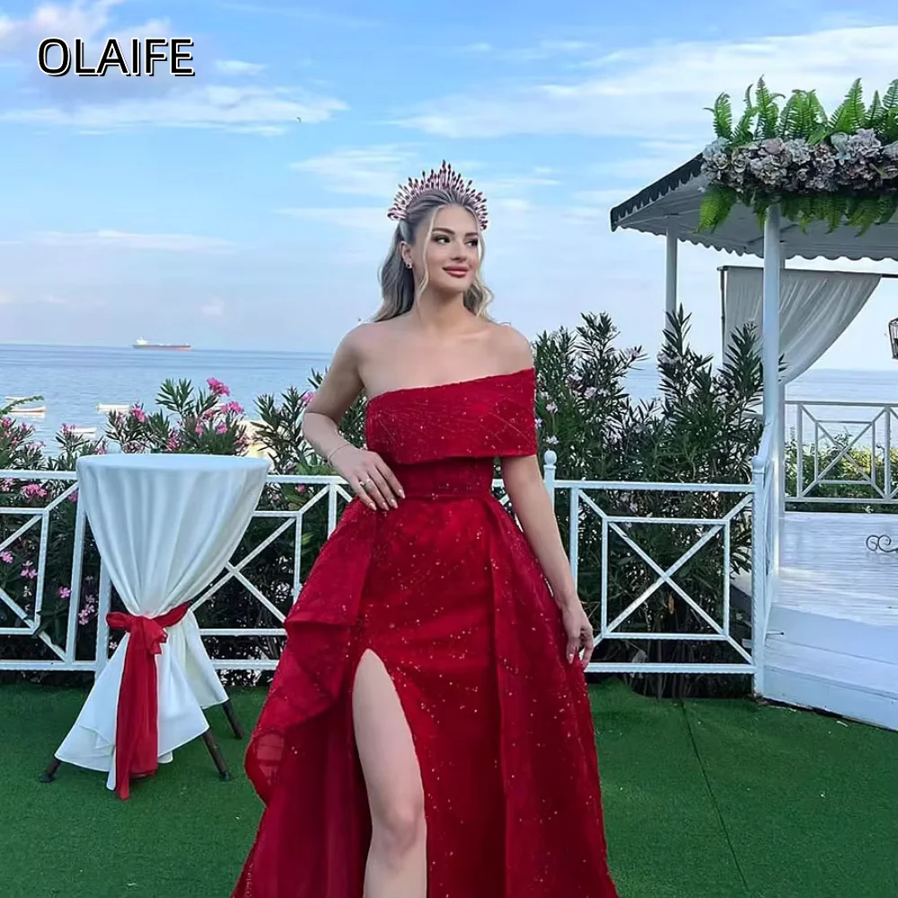 Brilhante lantejoulas sereia frisado alta fenda lateral vestido de noite fora do ombro personalizado sem mangas varredura trem robes de soirée