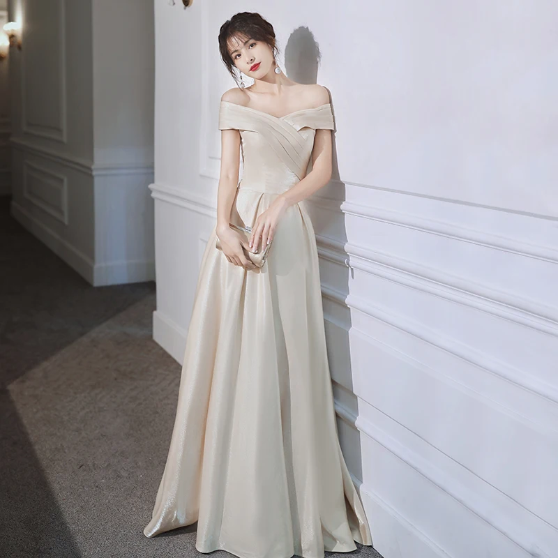 

Champagne Color One oulder Evening Gown Wedding Dr Host Maid of Ceremony Luxury mat Long Skirt