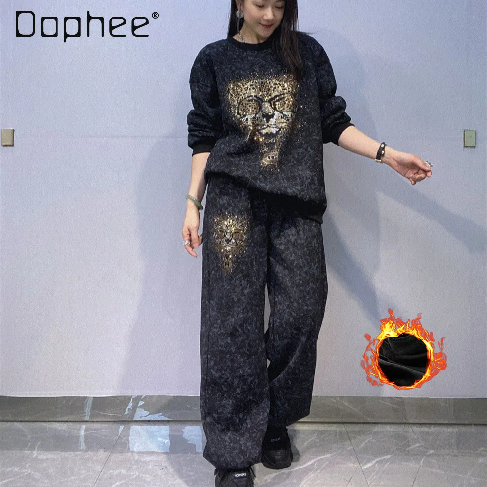 

Популярный модный брендовый свитшот со стразами и круглым вырезом для женщин, зимний комплект из флисовой подкладки, толстый свободный крой, спортивная одежда, комплекты из двух предметов