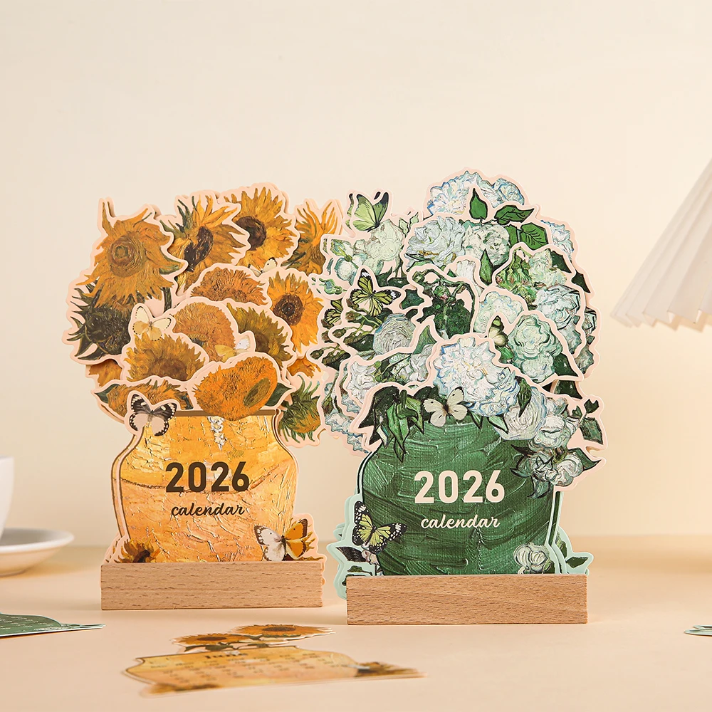 2026 بطاقة إدراج أجندة مكتبية /رزنامة مكتبية خمر اللوحة مخطط شهري مع قاعدة خشبية ديكور سطح المكتب لمنظم الجدول الشهري