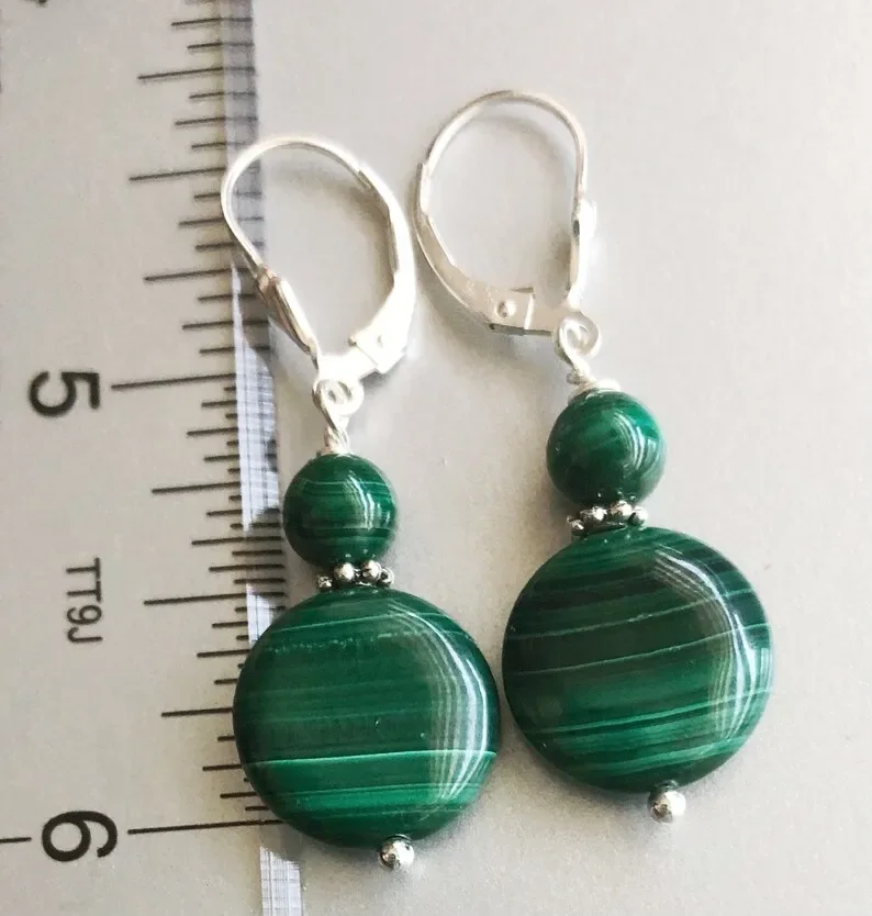 Malachite earrings, greenstone lever back coin earrings, real malachite beaded Bohemian jewelry, handmade jewelry