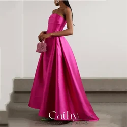 Cathy Hot Pink Simple A-line Prom Dress Off Shoulder Satin فستان سهره فاخر Elegant Detachable Train Sleeveless فساتين السهرة