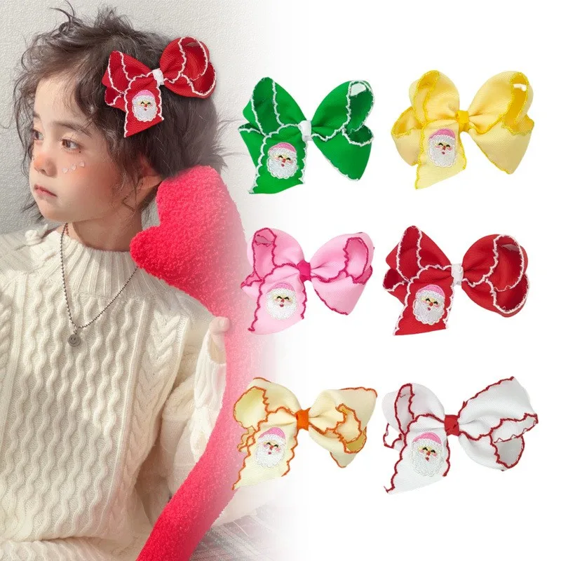 

24pcs Santa Embroidered Hair Bows for Baby Girls Christmas Themed Frill Ribbon Hair Clips Kids Xmas Headwear Bulk