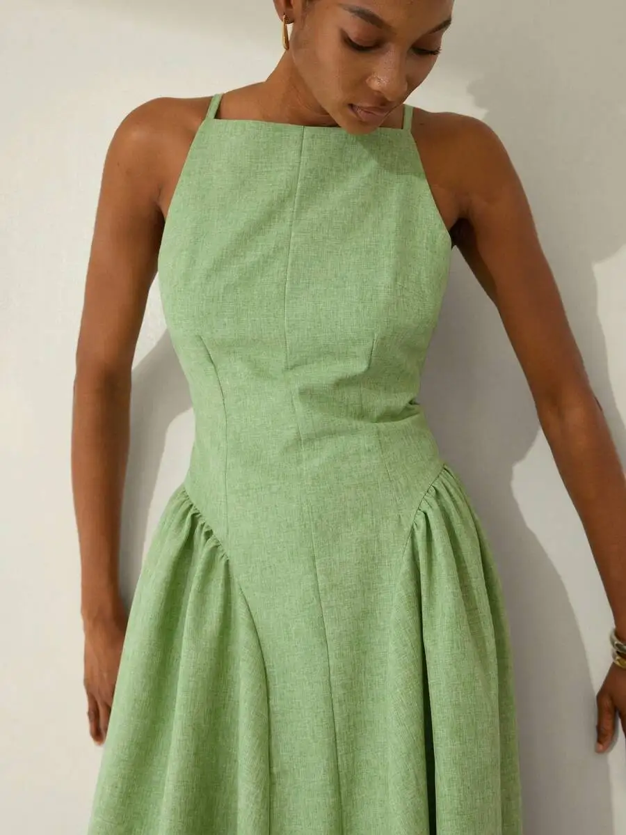

Elegant Off Shoulder Sleeveless Ruched Waist Flared Dress Textured Fabric Party Wear