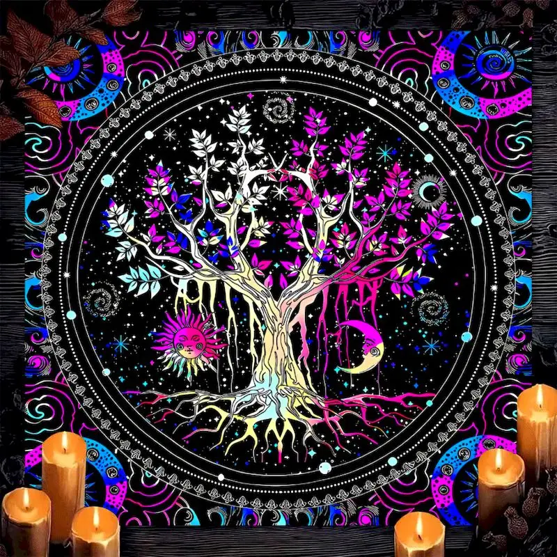 VIKAMA Neon Pink Tree of Life Sun Moon Tarot Cloth, 6 Designs, Divination Mat for Tarot Reading Witchcraft