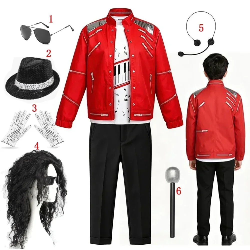 Kinder Rotes Sängerkostüm 7-teilig Retro-Auftrittsoutfit Jacke Hose Hut Handschuhe Mikrofon Sonnenbrille Halloween Cosplay Anzug – Detail 6