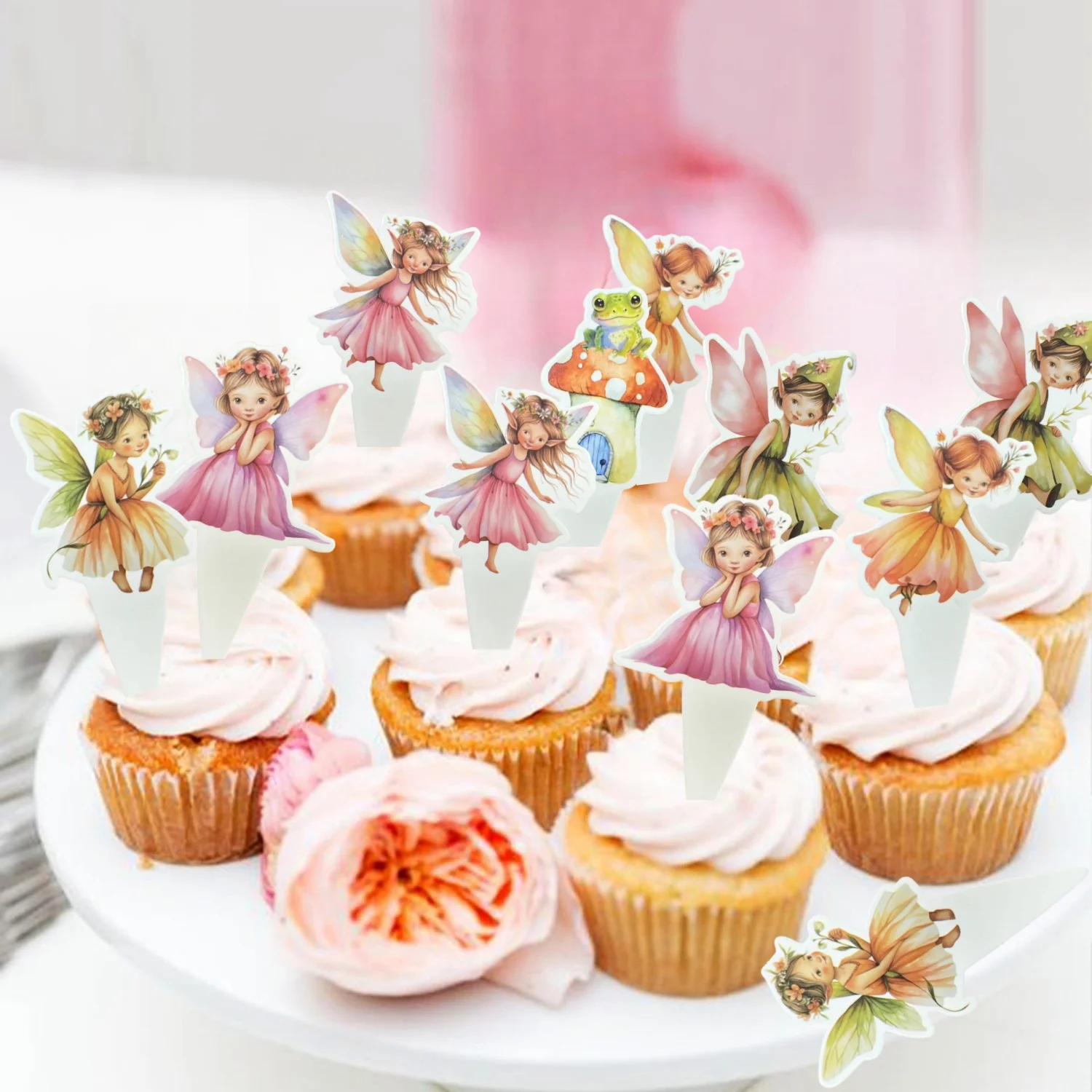 24pcs Fairy Cupcake Top Birthday Party Cake Top Fairy Theme Party Decoration Wings Angel Fairy Cupcake Top Mushroom House Frog Cake Decor