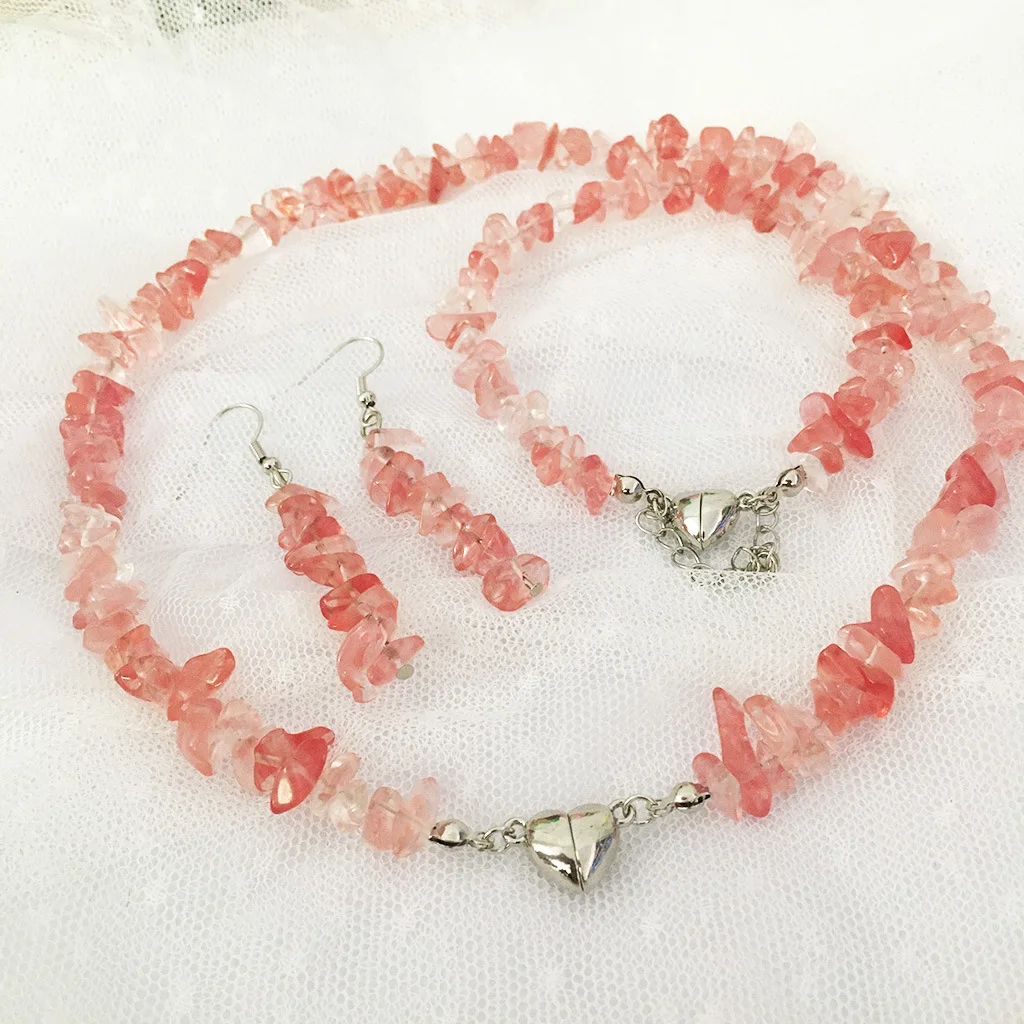 1 Set of Niche Multi-Color Crushed Stone Earrings Necklace Bracelet Set, Heart Magnetic Buckle Natural Stone Jewelry Set