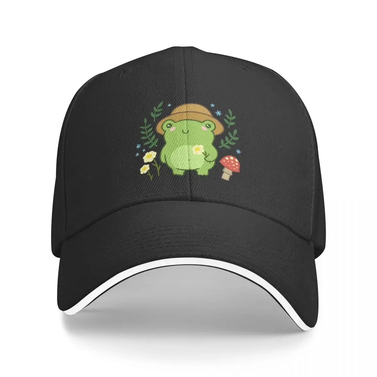 

Cute Green Frog with Gardener Hat - Mushroom Flower Blossoms Plants Kawaii Aesthetic - Funny Cottagecore Froggy Nat Baseball Cap