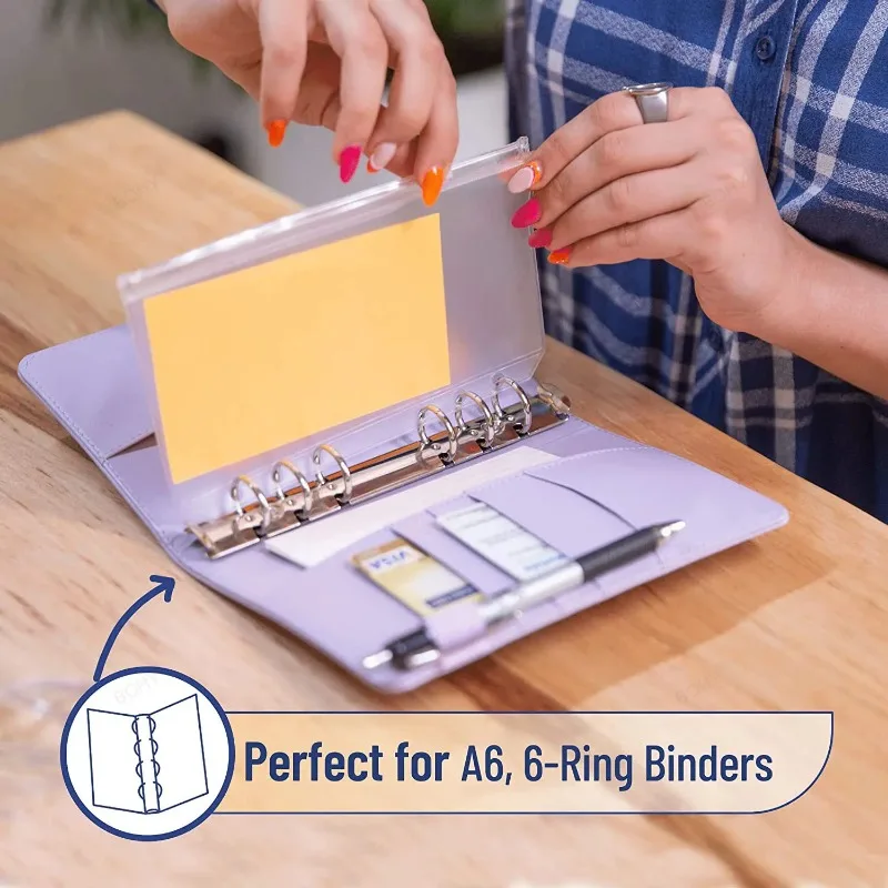 

Top Quality 6Pack 6Holes A5 A6 A7 Clear Binder Pockets Zipper Cash Envelopes Waterproof PVC Binder Insert Storage Pouches