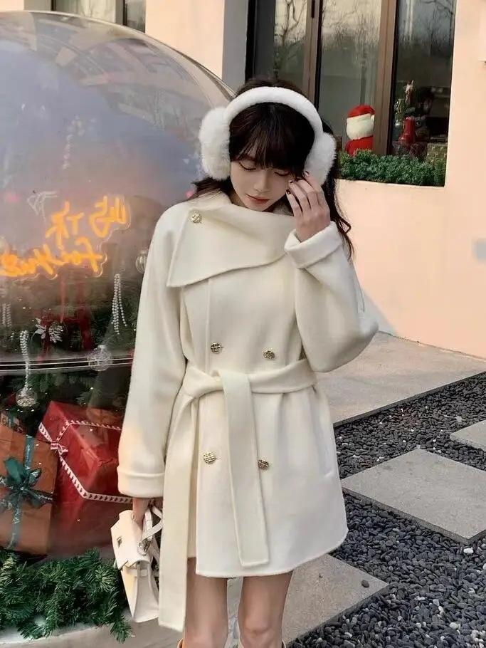 

Australian Woolen Double-Faced Coat Women's Mid-Length Golden Button Princ Sle Sweater Outerwear Winter Thiened Long S...