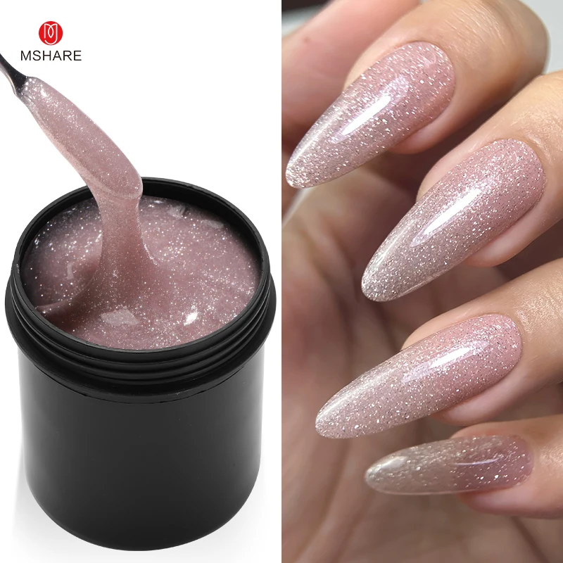 MSHARE 142g Pink Sparkling Glitter Self Leveling Builder Extension Nail Gel Low Heat Varnish Soak Off UV Gels