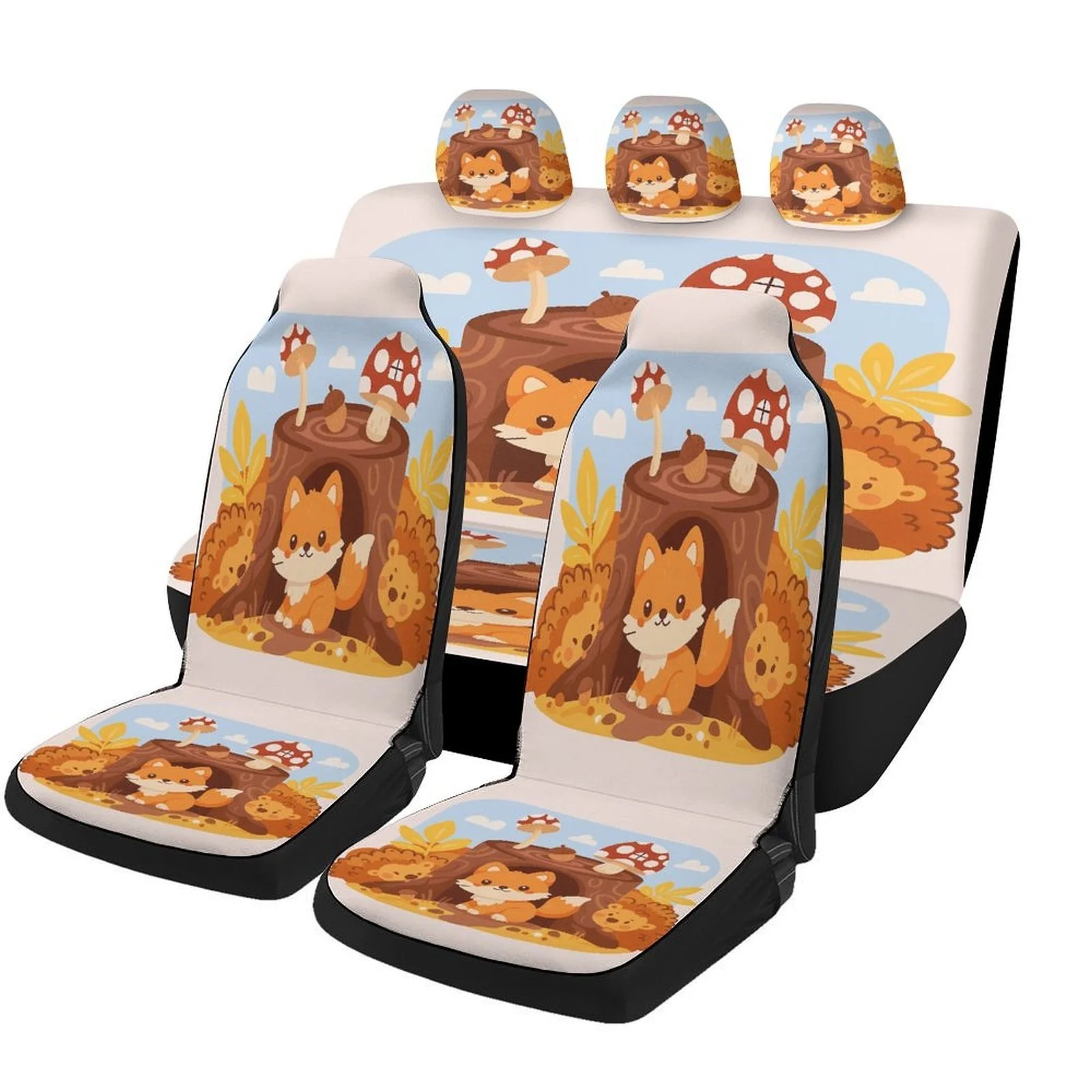 Set Of Car Seat Covers Featuring Forest Fox Friends, Suitable For Various Vehicles. Stylish And Breathable, These Decorative Cov