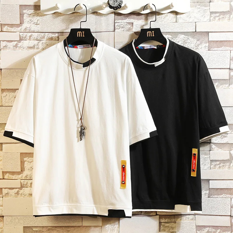 

Japanese Style Round Collar Pure Cotton Short Sleeve T-shirt Men Large Size Loose Men's 2022 New Stitching Contrast Tshirts