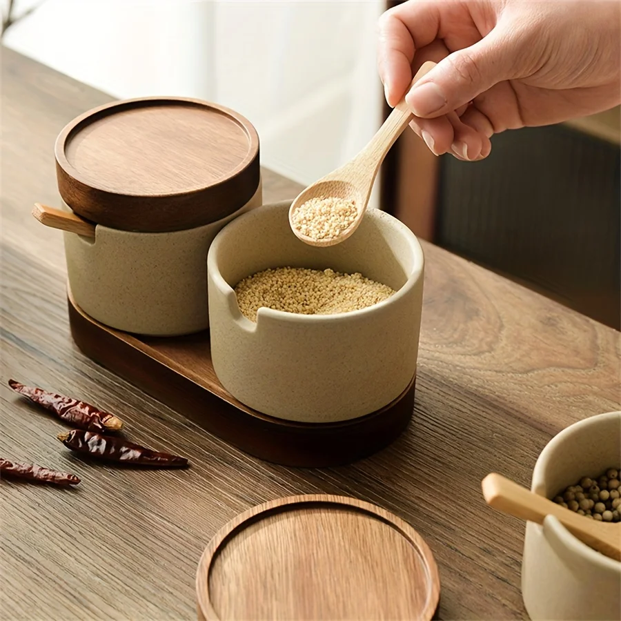 

Vintage Japanese Ceramic Spice Jar Set 3pcs Kitchen Condiment Containers with Tray