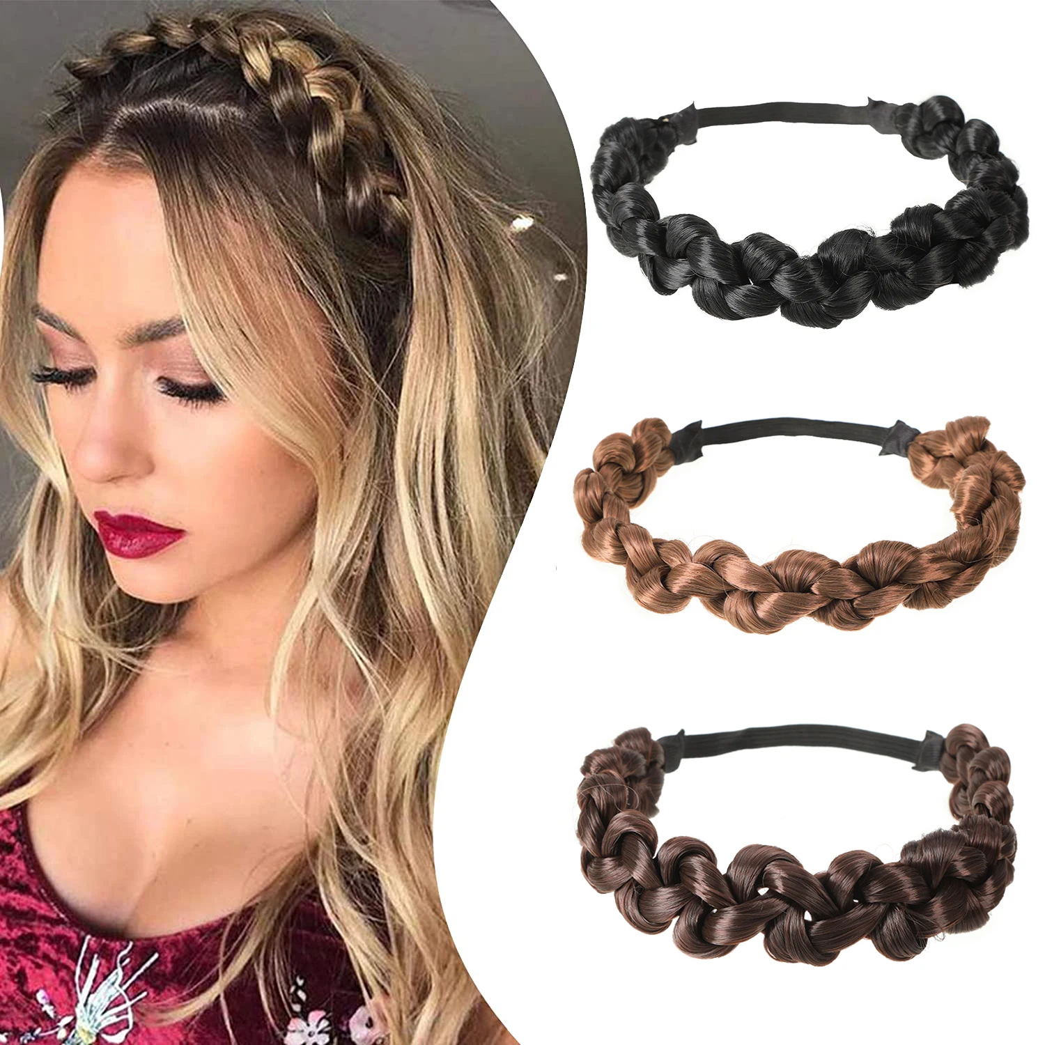 Elastyczna peruka warkocz pałąk 3/5 nici syntetyczne włosy pleciony pałąk peruka Hoop Chunky Hairpiece Hairband panie nakrycia głowy