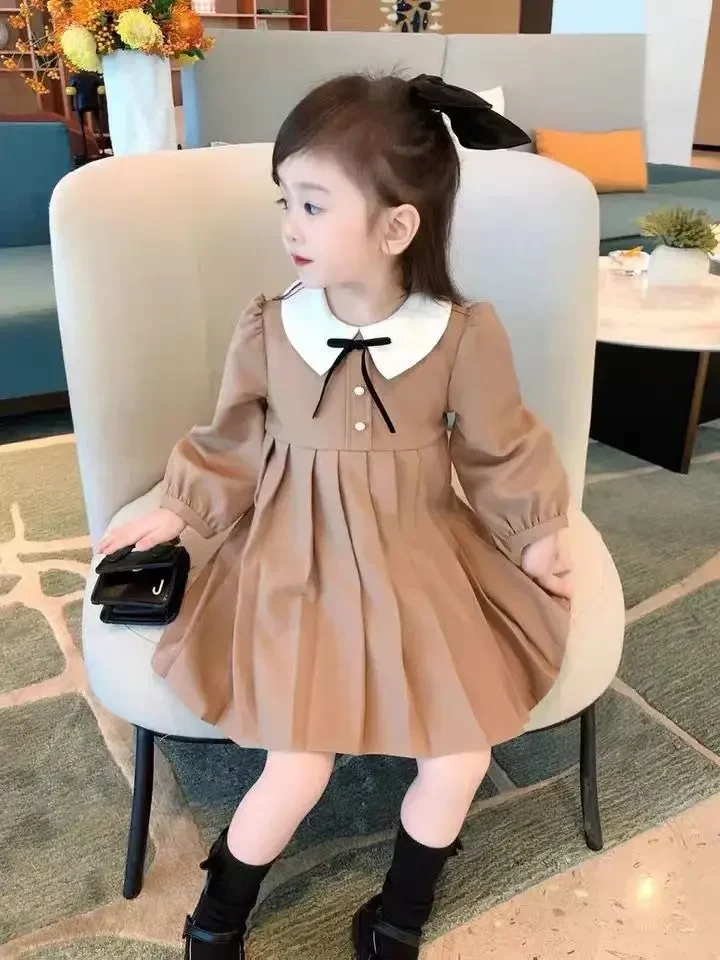 Baby Girls Khaki Pleated Dress Peter Pan Collar Casual Dresses 2024 New Arrival Children Spring Autumn Solid Dress Cute Clothes