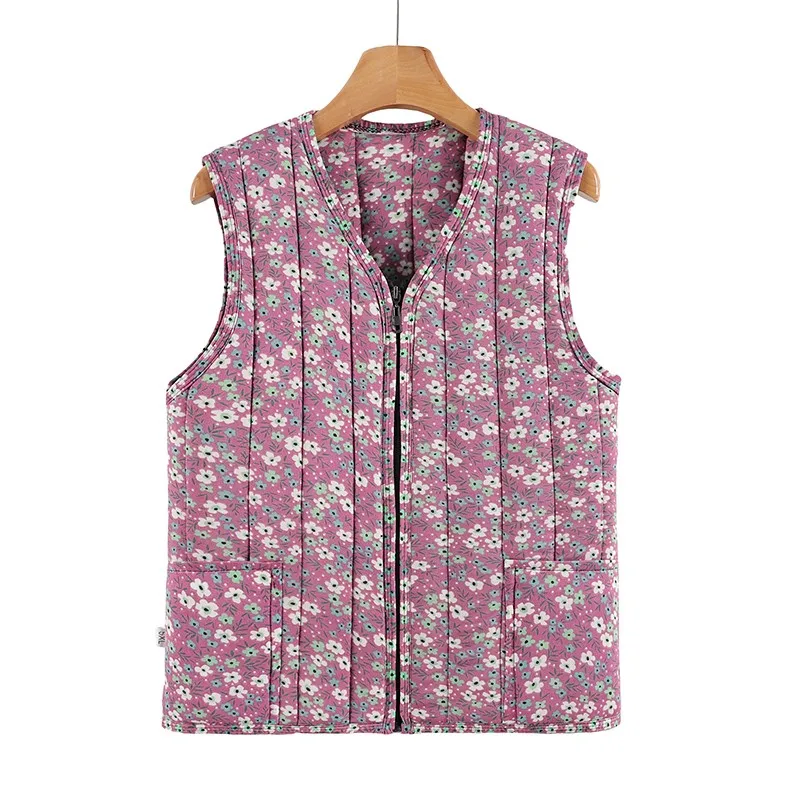 Winter New Women Cotton Sleeveless Zipper Vest V-Neck Middle aged mother Coat Slim Fit Print Female warm underwear Jacket