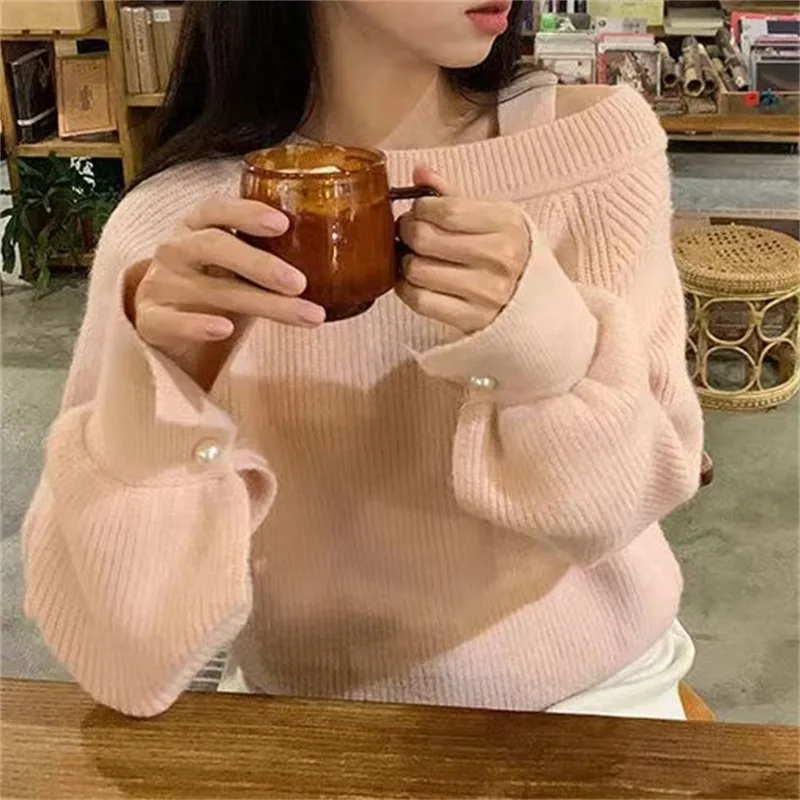 2024 Korean Autumn And Winter New Loose Off The Shoulder Base Knit Sweater Single Strap Design Sense Solid Color Lazy Style Swea