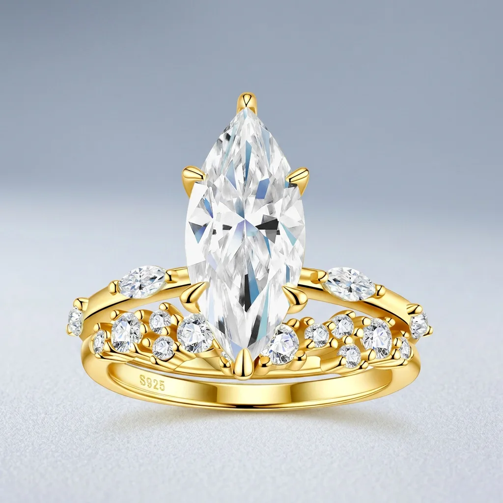 3.5CT Marquise Cut D Color Moissanite Ring Crown Split Shank Design S925 Sterling Silver With 18K Real Gold Plated Pave Side Stones Elegant Engagement Bridal Wedding Band Luxury Promise Ring For Her Sparkling Clear Gem Fine Handcrafted Lady Jewelry Gift