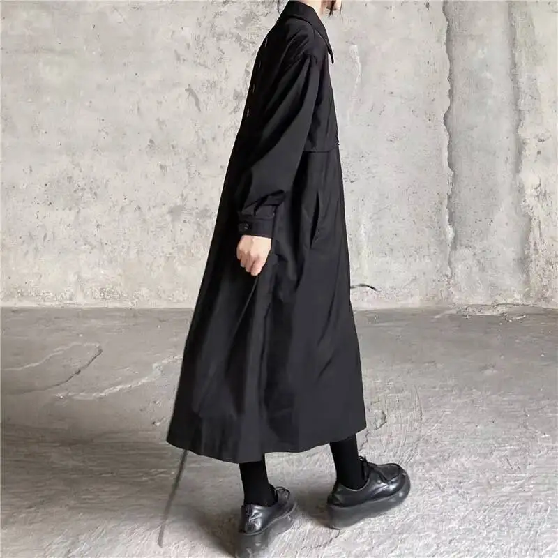 Ladies Long Trench Coat Spring And Autumn New Fashion British Retro Dark Waist Strap Casual Loose Large Size Trench Coat