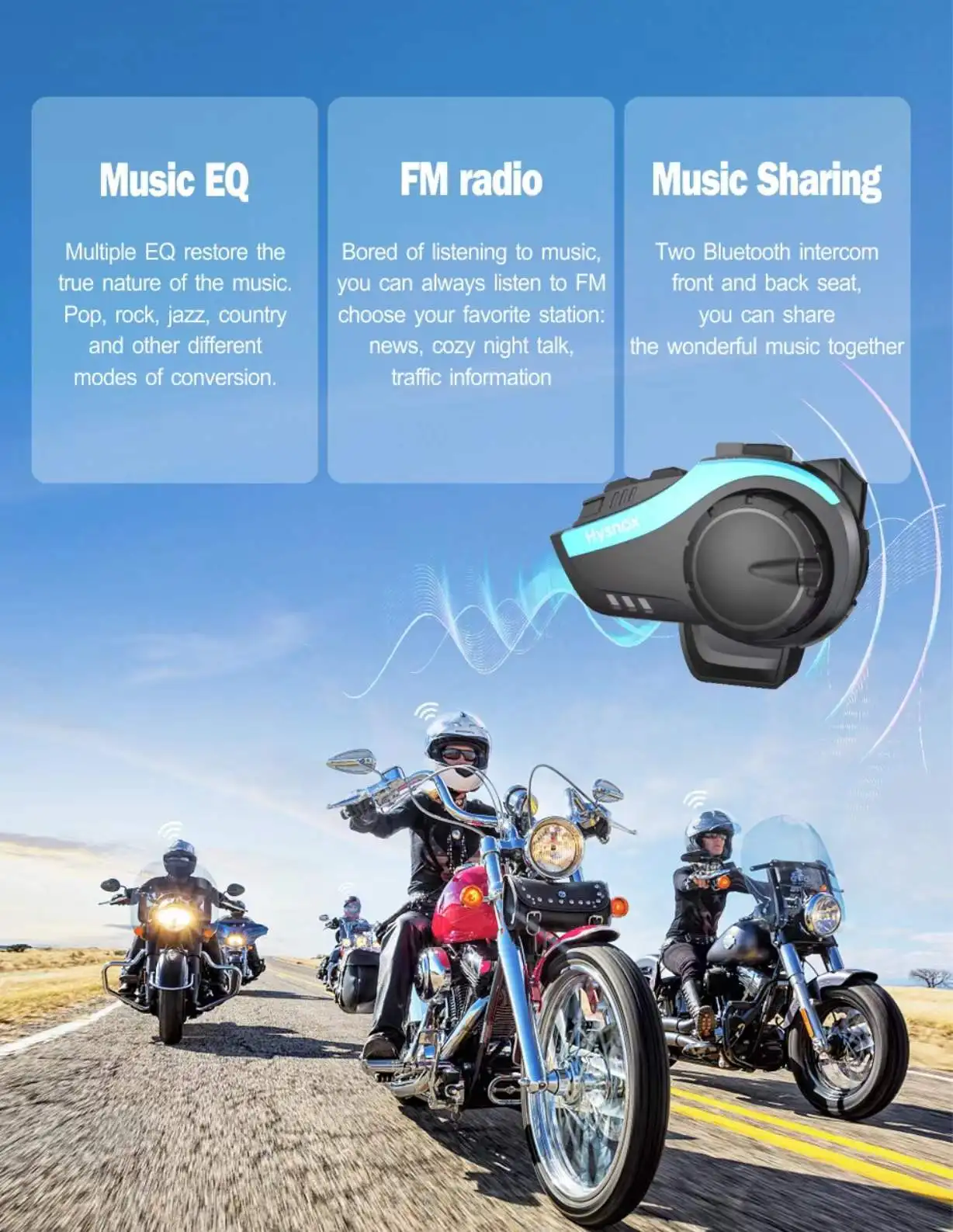 Hot sell HY-1002 Motorcycle Helmet Headset Bt 5.0 2000M for Group Intercom Headset with Noise Cancellation/FM Radio/Mic/Voice Di